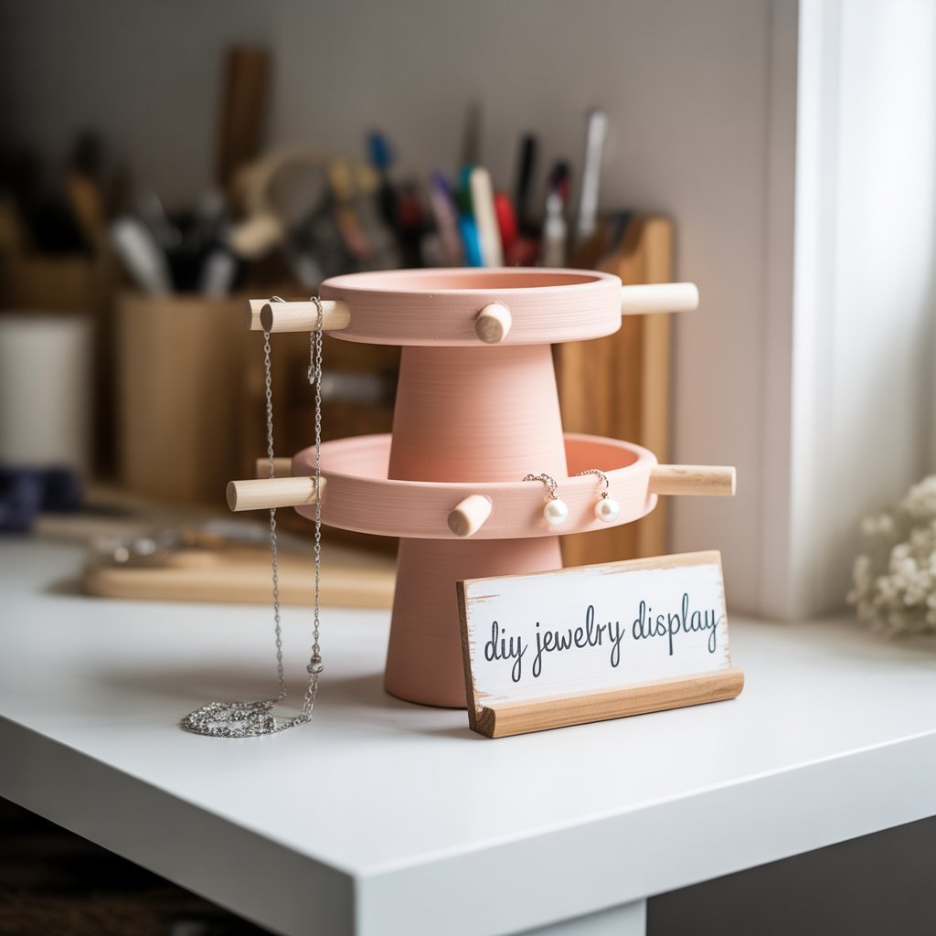DIY pedestal jewelry holder made from Dollar Tree items