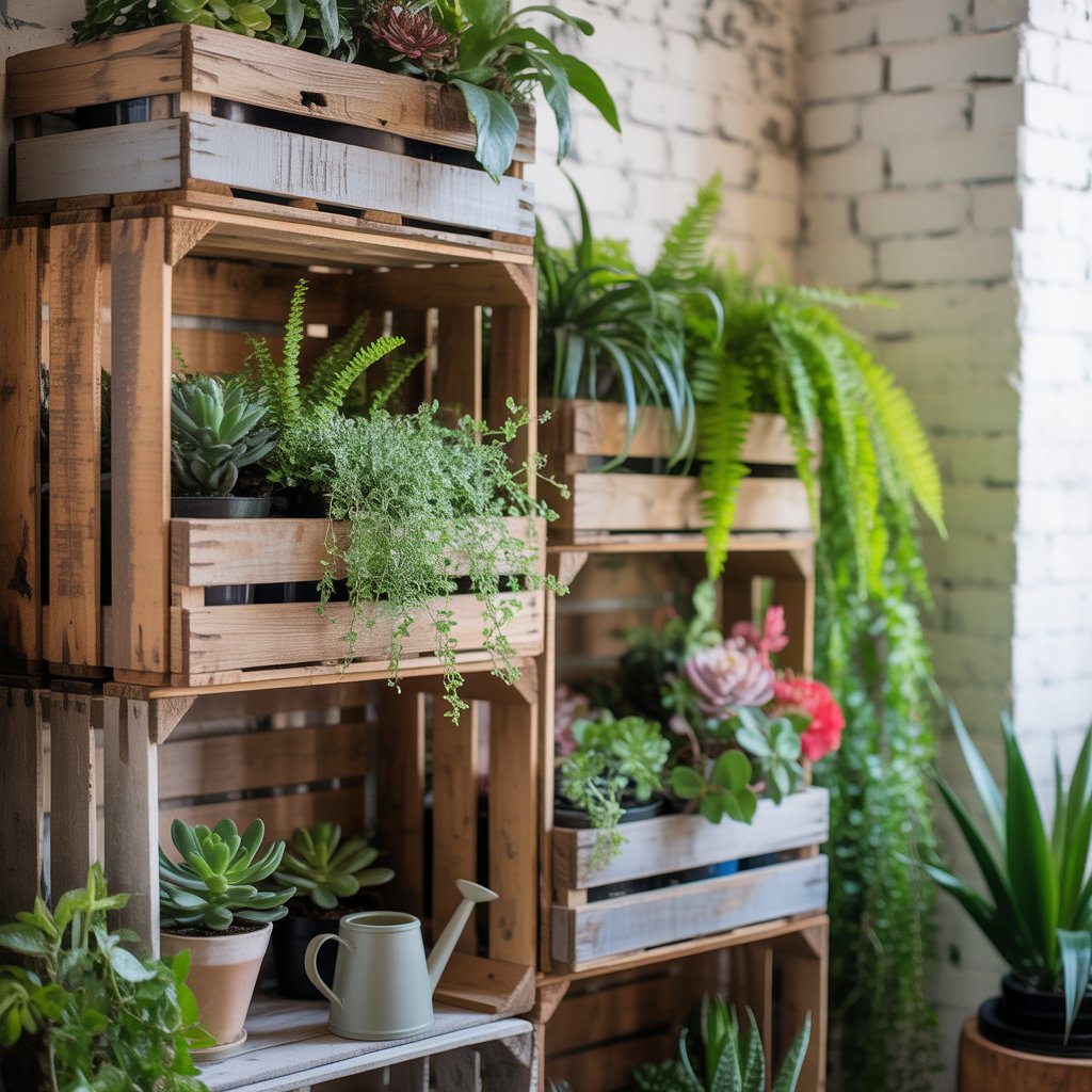 DIY wooden crate shelf mounted on wall with décor