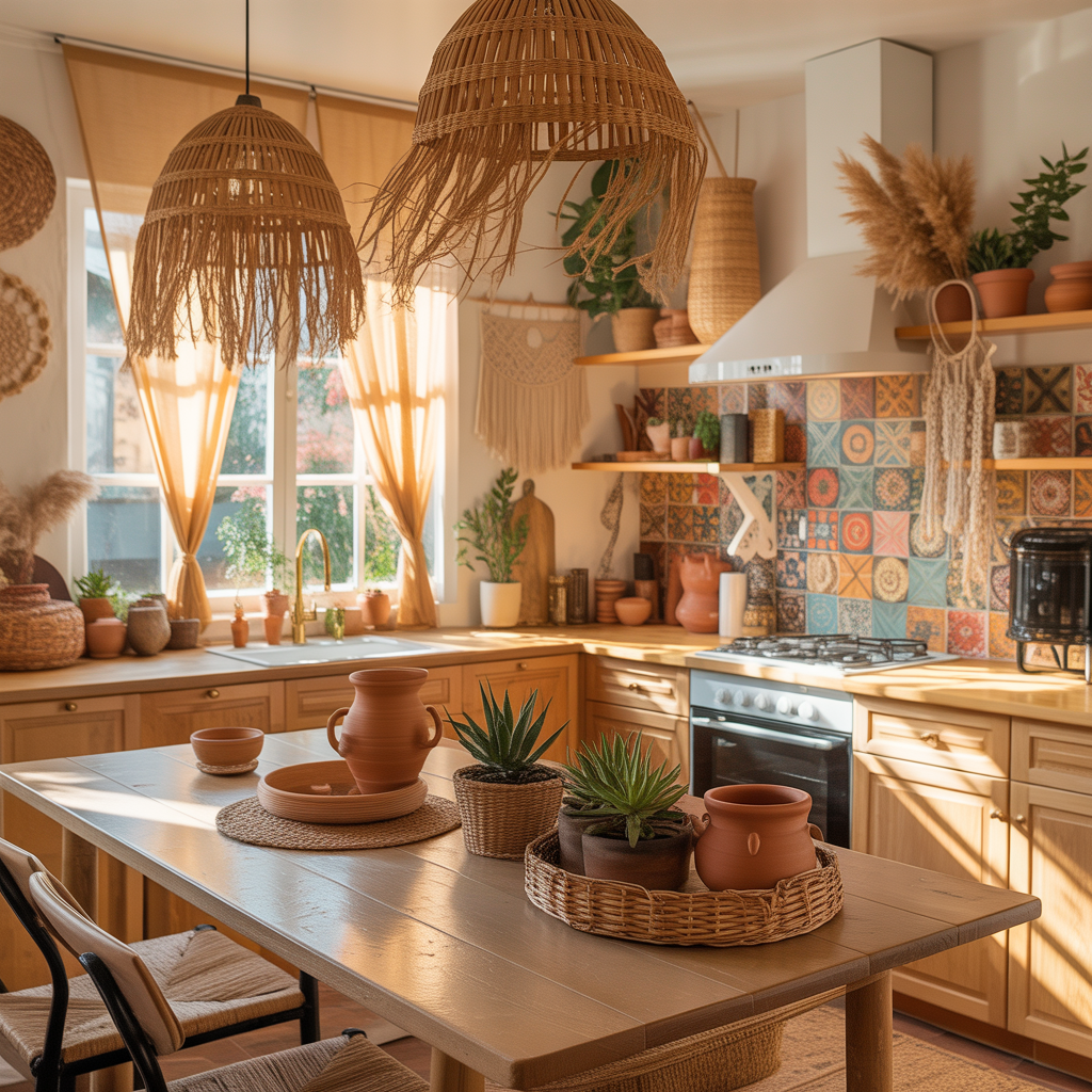10 Best Boho Kitchen Makeover Ideas That Blend Function and Style 13 A boho kitchen with open shelving, patterned tiles, and pendant lights, inviting readers to start their makeover.