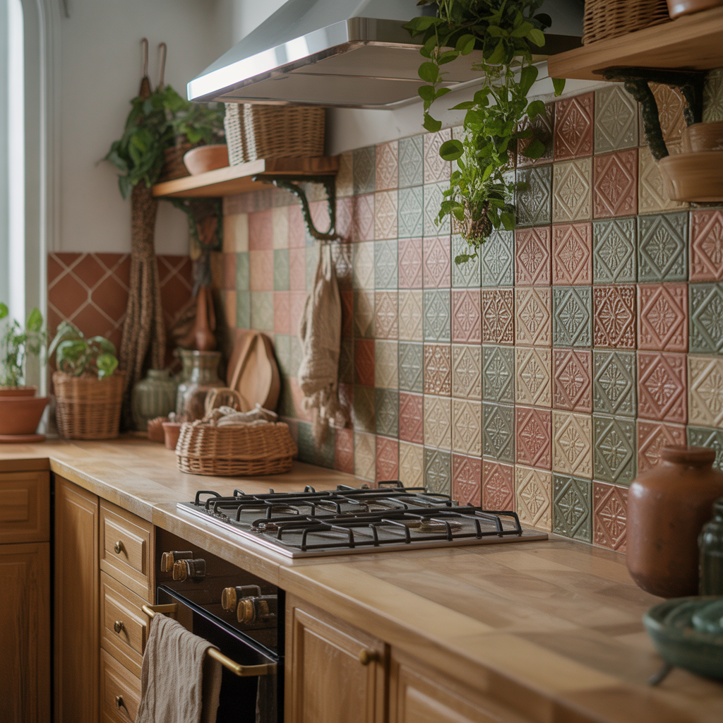 10 Best Boho Kitchen Makeover Ideas That Blend Function and Style 4 A close-up of a zellige-style tile backsplash in terracotta and sage green, with geometric patterns in a boho kitchen.