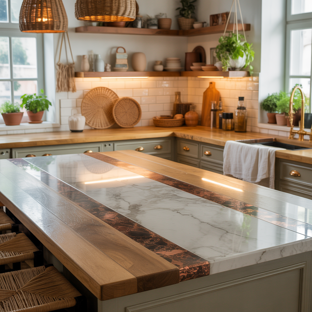 10 Best Boho Kitchen Makeover Ideas That Blend Function and Style 7 A kitchen counter with a butcher block island insert and quartz perimeter, blending warmth and durability in a boho style.
