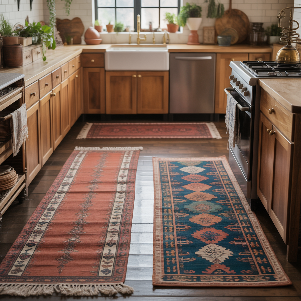 10 Best Boho Kitchen Makeover Ideas That Blend Function and Style 8 A low-pile kilim runner rug in earthy tones under a kitchen sink, adding texture and safety to a boho kitchen.