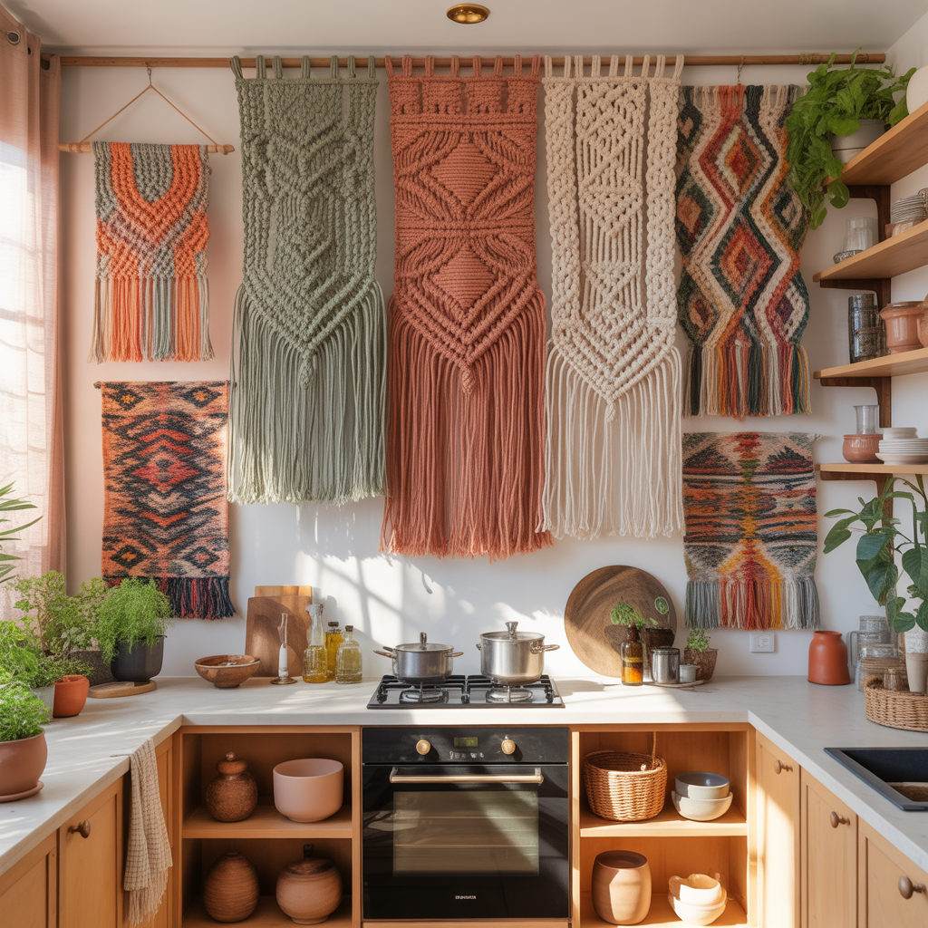 10 Best Boho Kitchen Makeover Ideas That Blend Function and Style 10 A macramé wall hanging with geometric patterns above a kitchen range, serving as a splash guard in a boho space.