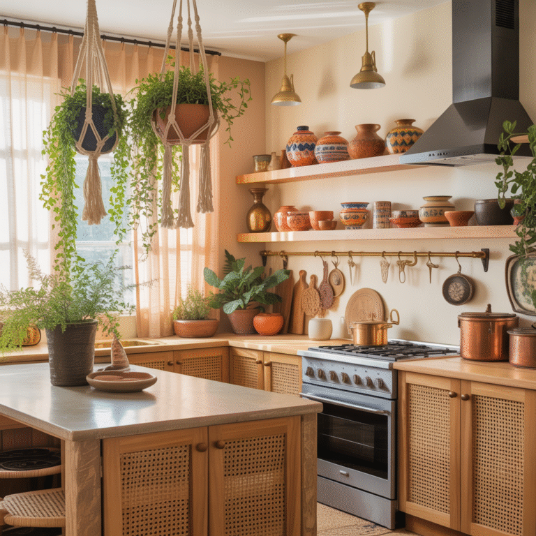 A vibrant boho kitchen with woven baskets, colorful tiles, and hanging plants, showcasing a cozy yet functional space.