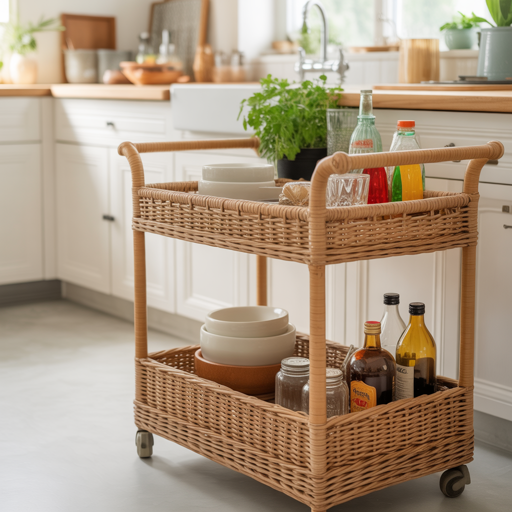 10 Best Boho Kitchen Makeover Ideas That Blend Function and Style 11 A wicker bar cart with glassware and spice trays, parked near a kitchen island in a boho setting.