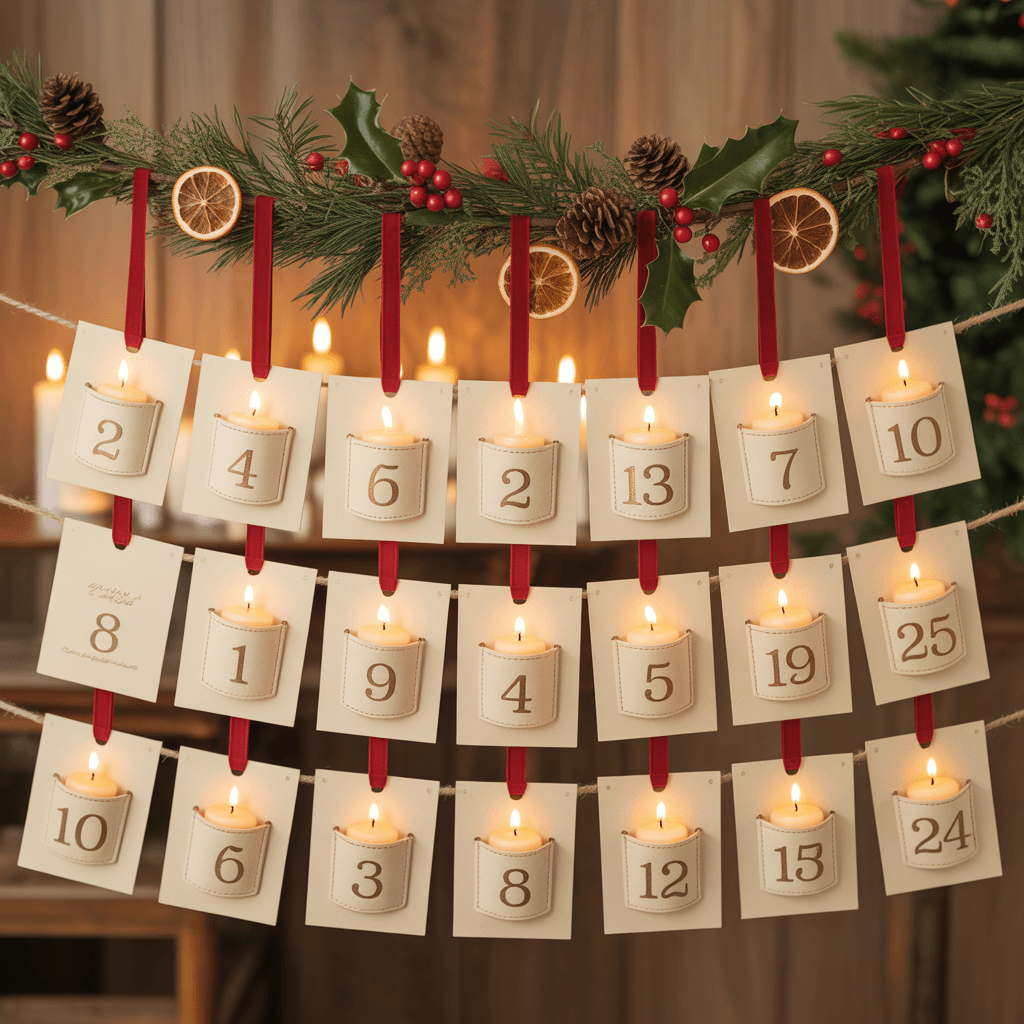Advent Calendar Pages with candle pocket on a garland.