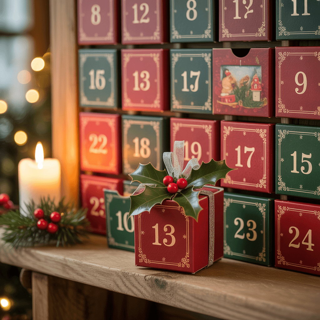 Advent Calendar Pages with holly mini box on a shelf.