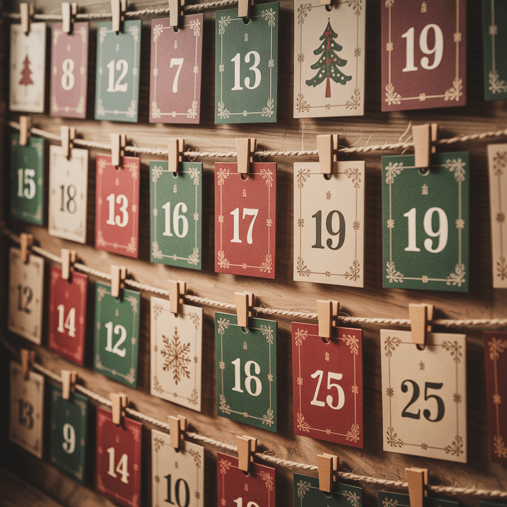 Advent Calendar Pages with ornament card on a string.
