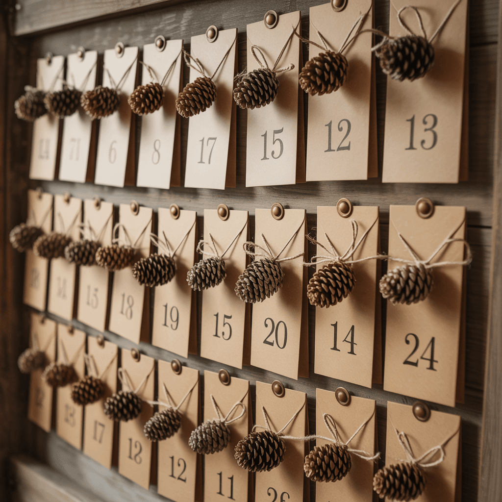 Advent Calendar Pages with pinecone envelope on a wall.