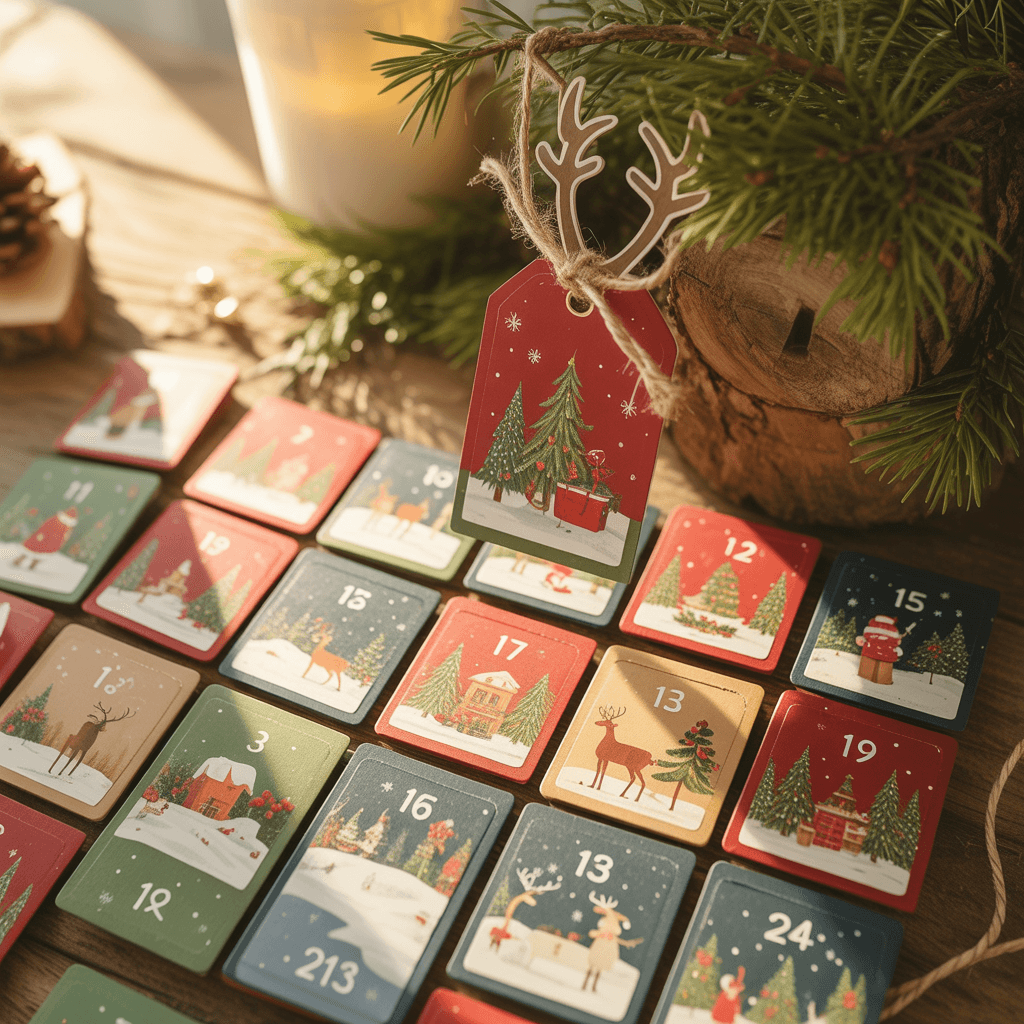 Advent Calendar Pages with reindeer tag on a tree.