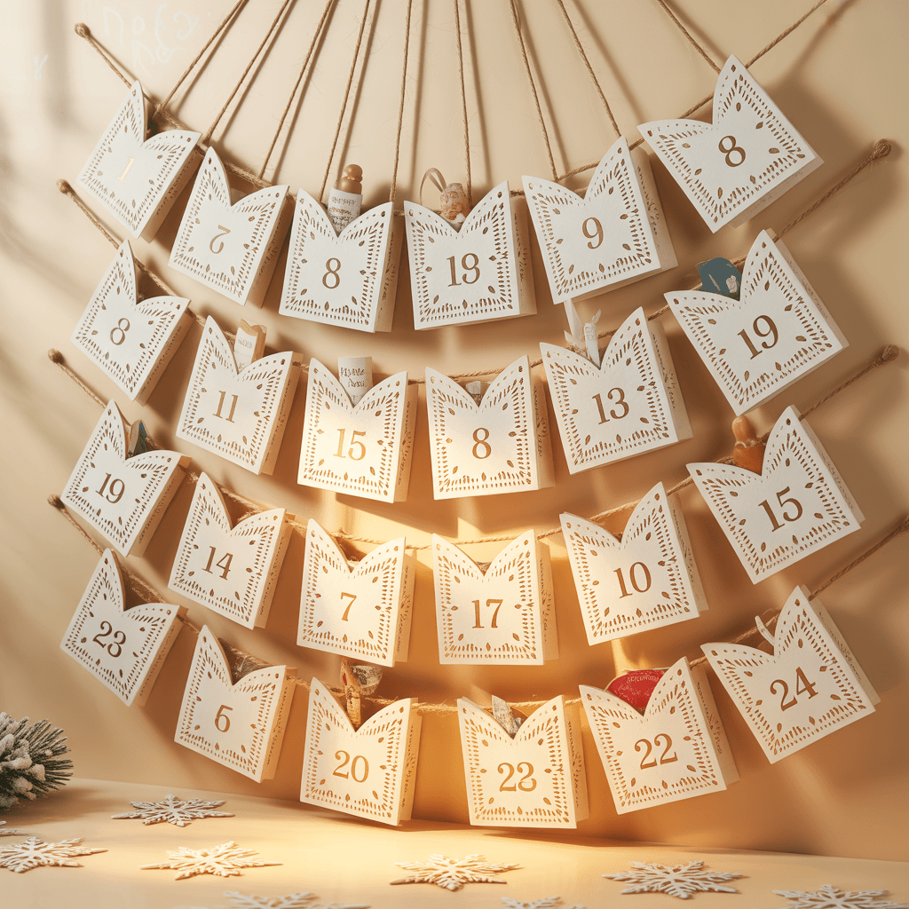  Advent Calendar Pages with snowflake pocket on a string.