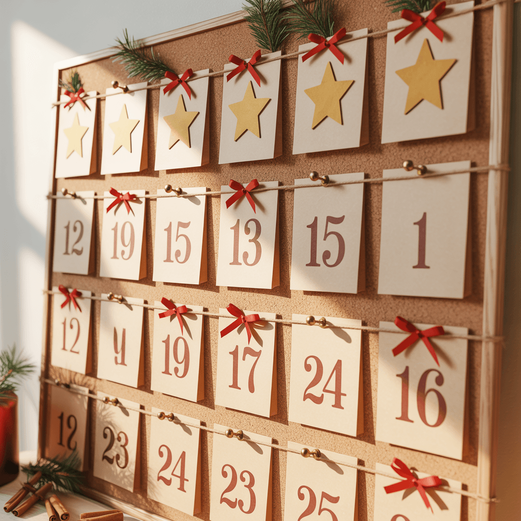 Advent Calendar Pages with star number cards on a corkboard.