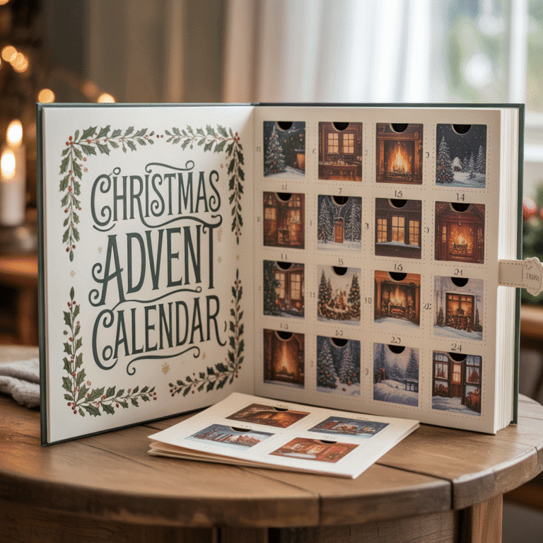 Advent Calendar Pages with title page on a table.
