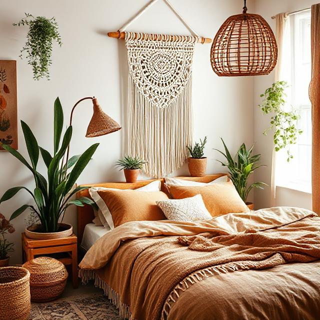 Affordable Boho bedroom with macramé wall art and cozy bedding