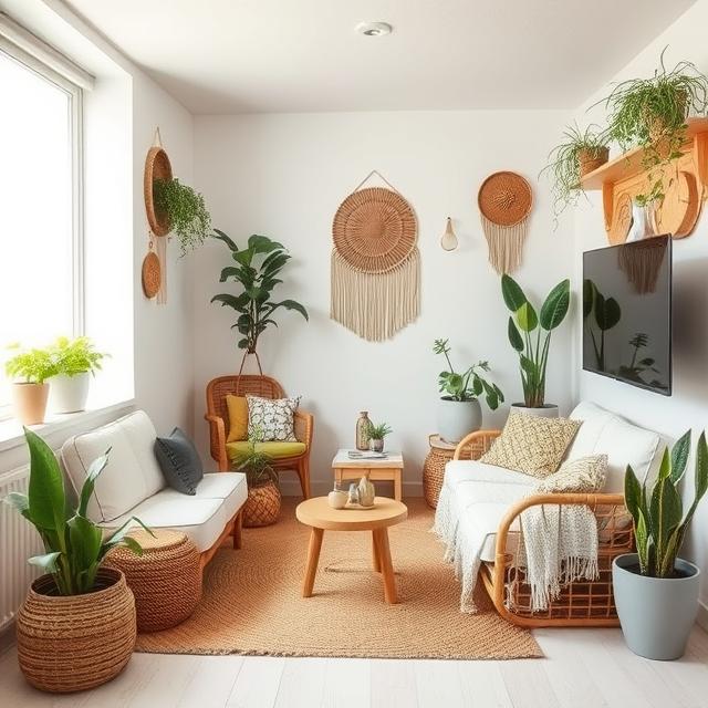 Small Boho Living Room Ideas That Feel Warm and Spacious 5 Affordable Boho living room décor with macramé wall hanging and soft lighting
