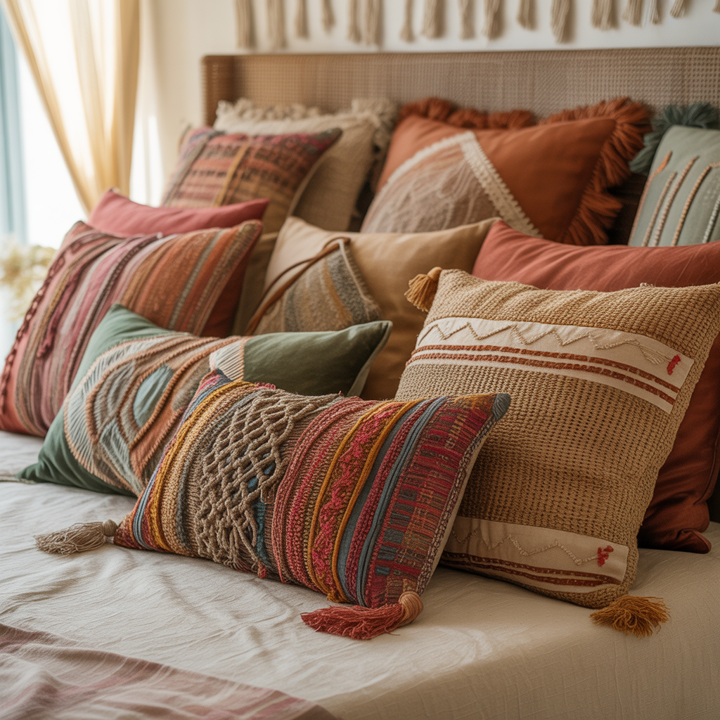 10 Boho Bedding Trends 2025: Colors, Textures & Styles You’ll Love 9 Array of decorative pillows in different textures and shapes on boho bed.