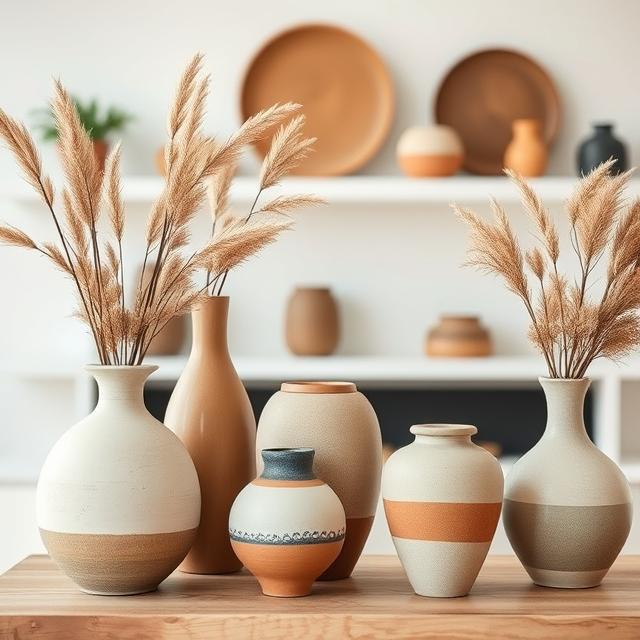 20 Modern Boho Home Décor Ideas for a Stylish 2025 Makeover 17 Artisan pottery and handmade vases displayed in modern boho home.