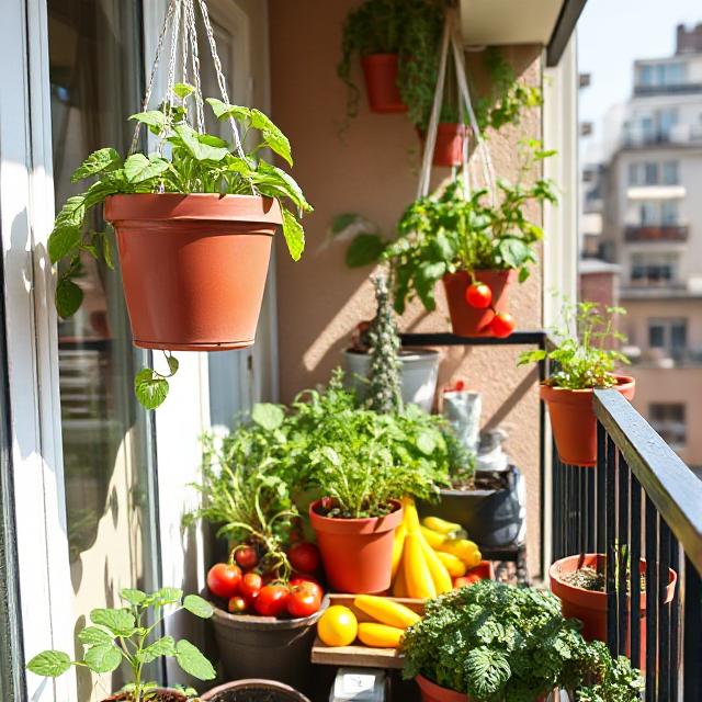 Balcony vegetable garden with small planters