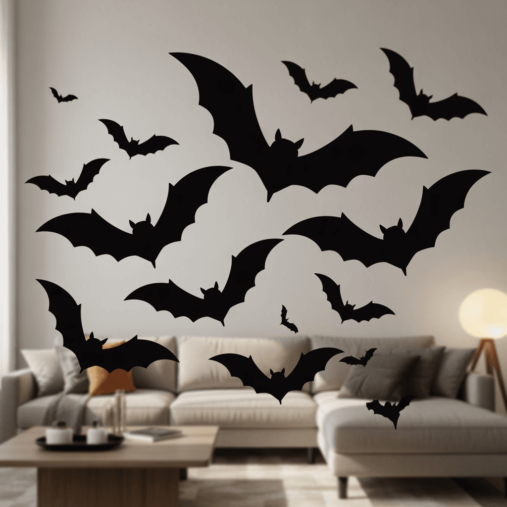 Bat wall decals from Free Printable Halloween Decorations on a living room wall.