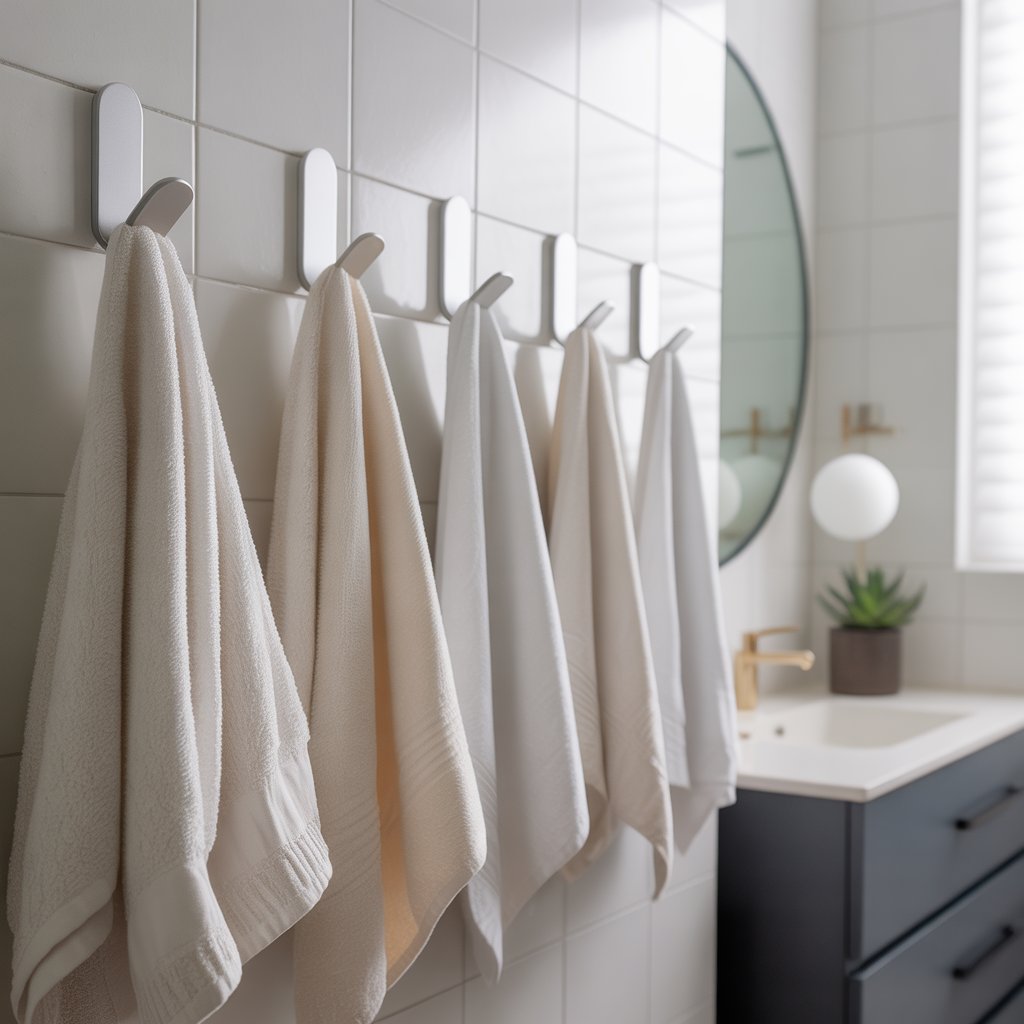 Bathroom organization using budget towel hooks