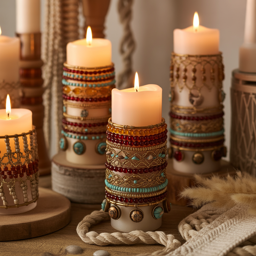 10 Amazing Ways to Make Your Own Boho Candle Holders and Décor 7 Beaded candle sleeves in a Boho Candle Holders display.