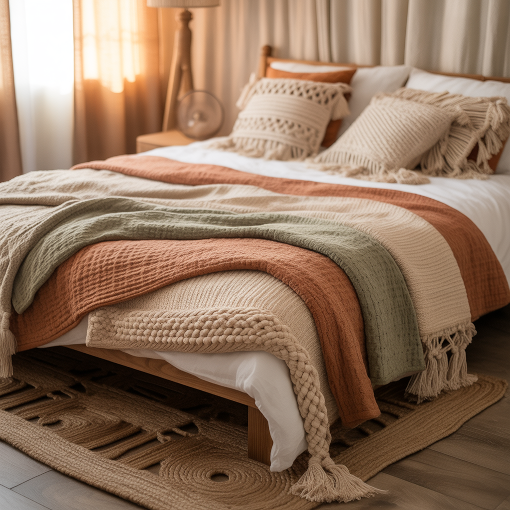 10 Dreamy Boho Bedroom Ideas for a Relaxing 2025 Sanctuary 4 Bed with layered boho textiles, chunky knit throws, and macramé pillows.