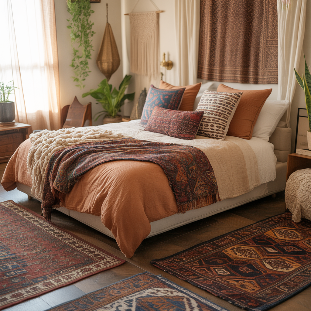 10 Dreamy Boho Bedroom Ideas for a Relaxing 2025 Sanctuary 9 Bed with patterned boho pillows, ethnic rugs, and layered fabrics.