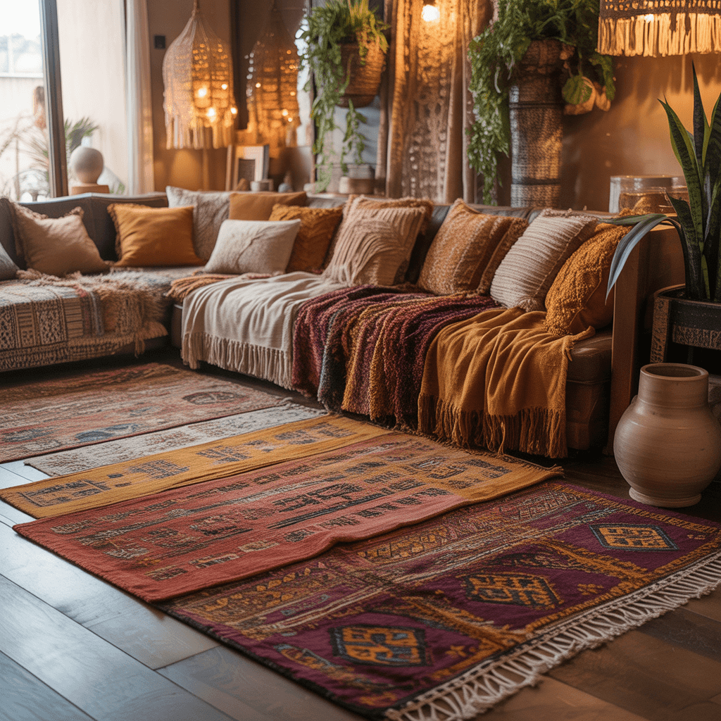 Boho Aesthetic Room Décor with layered Moroccan rugs in a cozy living space.