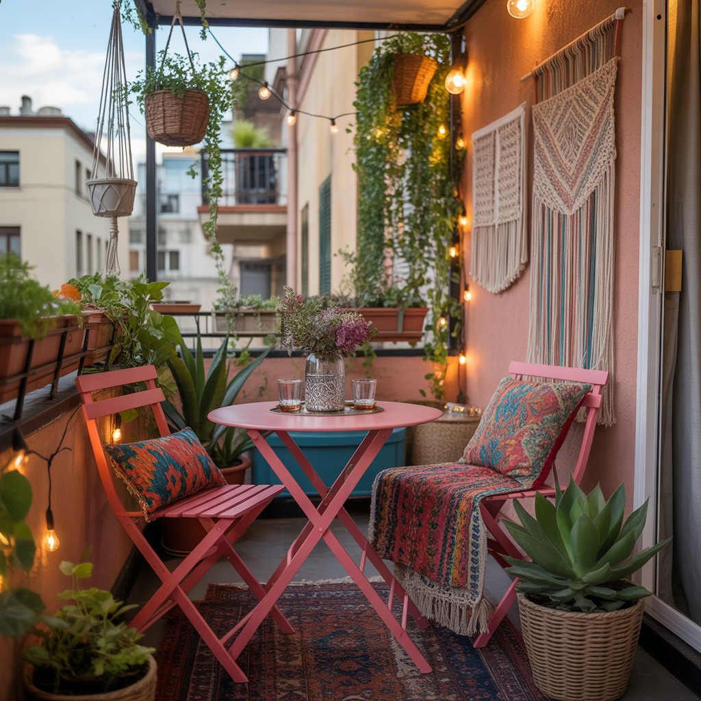 10 Best Boho Balcony Décor Ideas for Small Spaces 8 Boho Balcony Décor Ideas with a colorful foldable bistro set on a small apartment balcony.