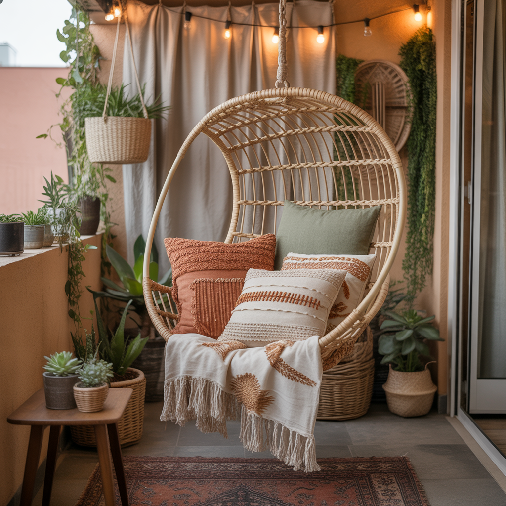 10 Best Boho Balcony Décor Ideas for Small Spaces 9 Boho Balcony Décor Ideas with a woven hammock chair and pillows on a small balcony.