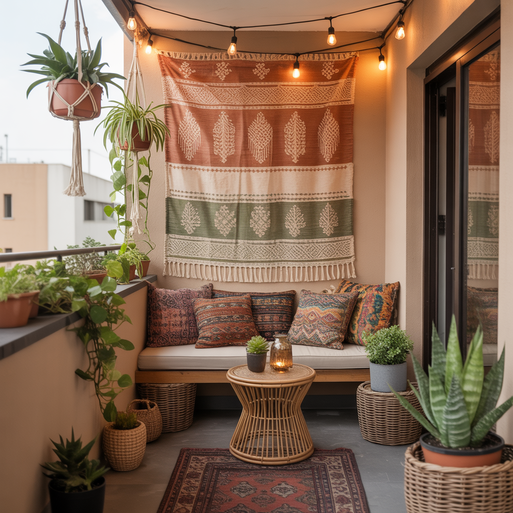 10 Best Boho Balcony Décor Ideas for Small Spaces 7 Boho Balcony Décor Ideas with a woven tapestry wall art on a small apartment balcony.