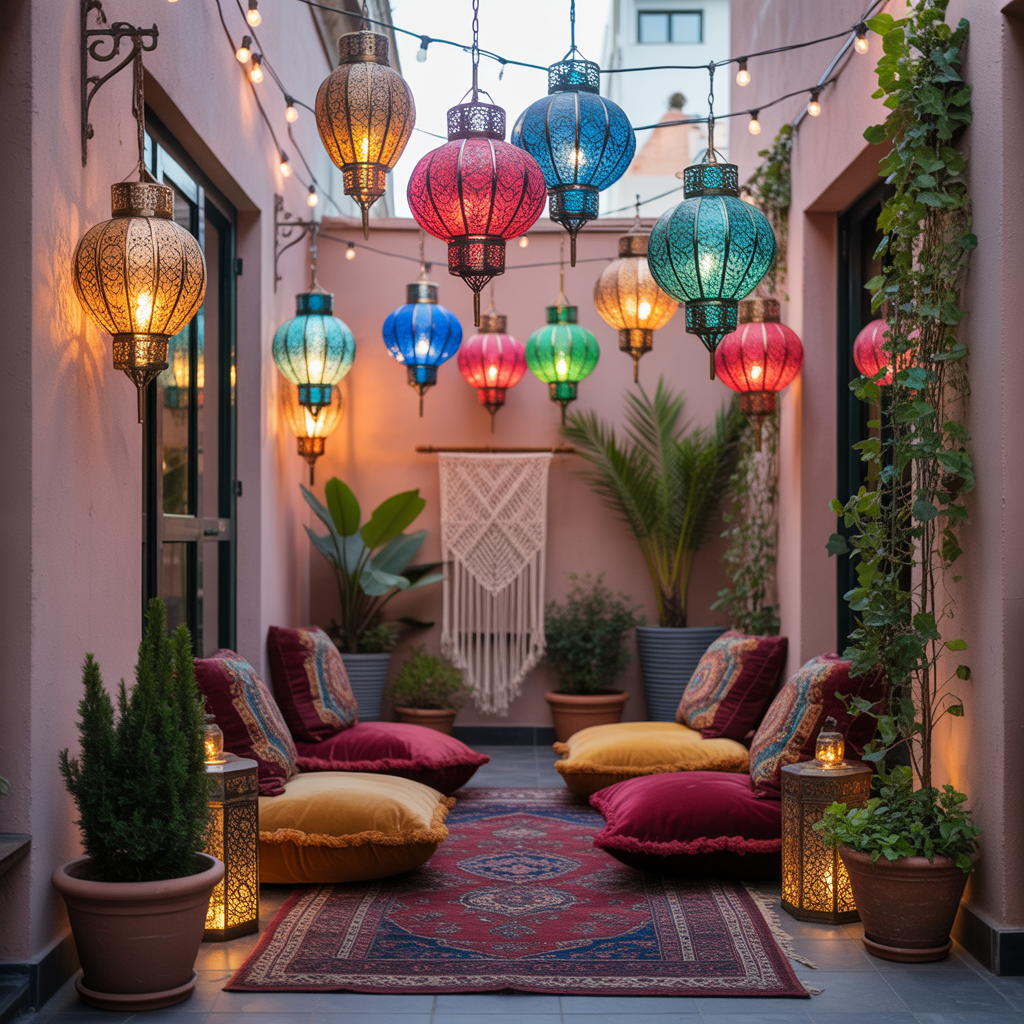 10 Best Boho Balcony Décor Ideas for Small Spaces 10 Boho Balcony Décor Ideas with colorful Moroccan lanterns on a small apartment balcony.