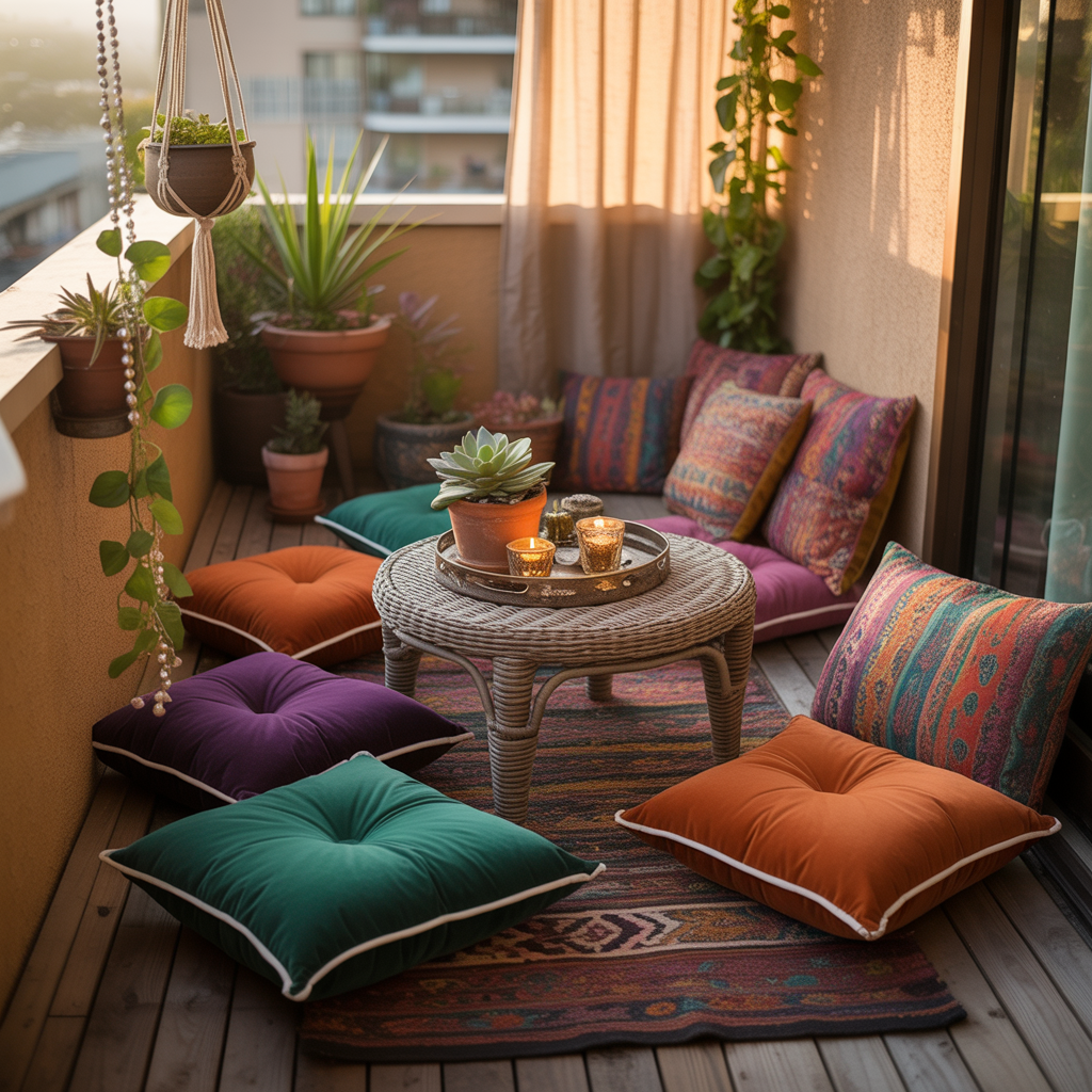 10 Best Boho Balcony Décor Ideas for Small Spaces 2 Boho Balcony Décor Ideas with colorful floor cushions and a tray table on a small apartment balcony.