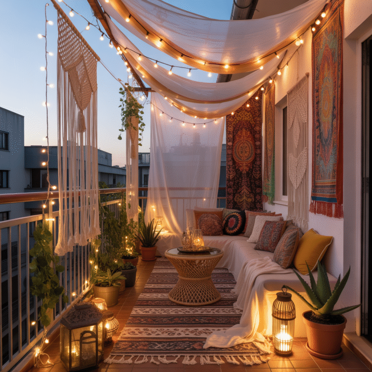 Boho Balcony Décor Ideas with fairy lights and sheer fabric on a small balcony at dusk.