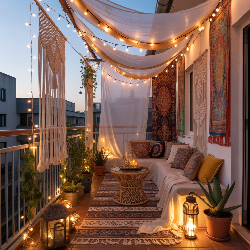 10 Best Boho Balcony Décor Ideas for Small Spaces 5 Boho Balcony Décor Ideas with fairy lights and sheer fabric on a small balcony at dusk.
