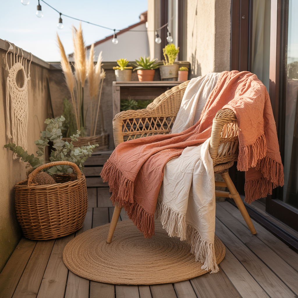 10 Best Boho Balcony Décor Ideas for Small Spaces 6 Boho Balcony Décor Ideas with fringed throws draped over a chair and a basket on a small balcony.