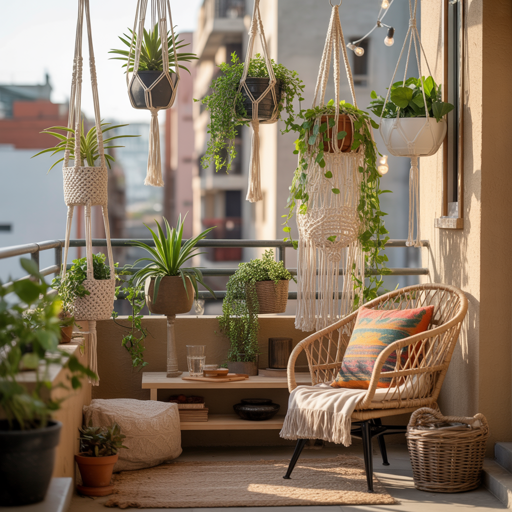 10 Best Boho Balcony Décor Ideas for Small Spaces 4 Boho Balcony Décor Ideas with hanging plants in macramé holders on a small apartment balcony.