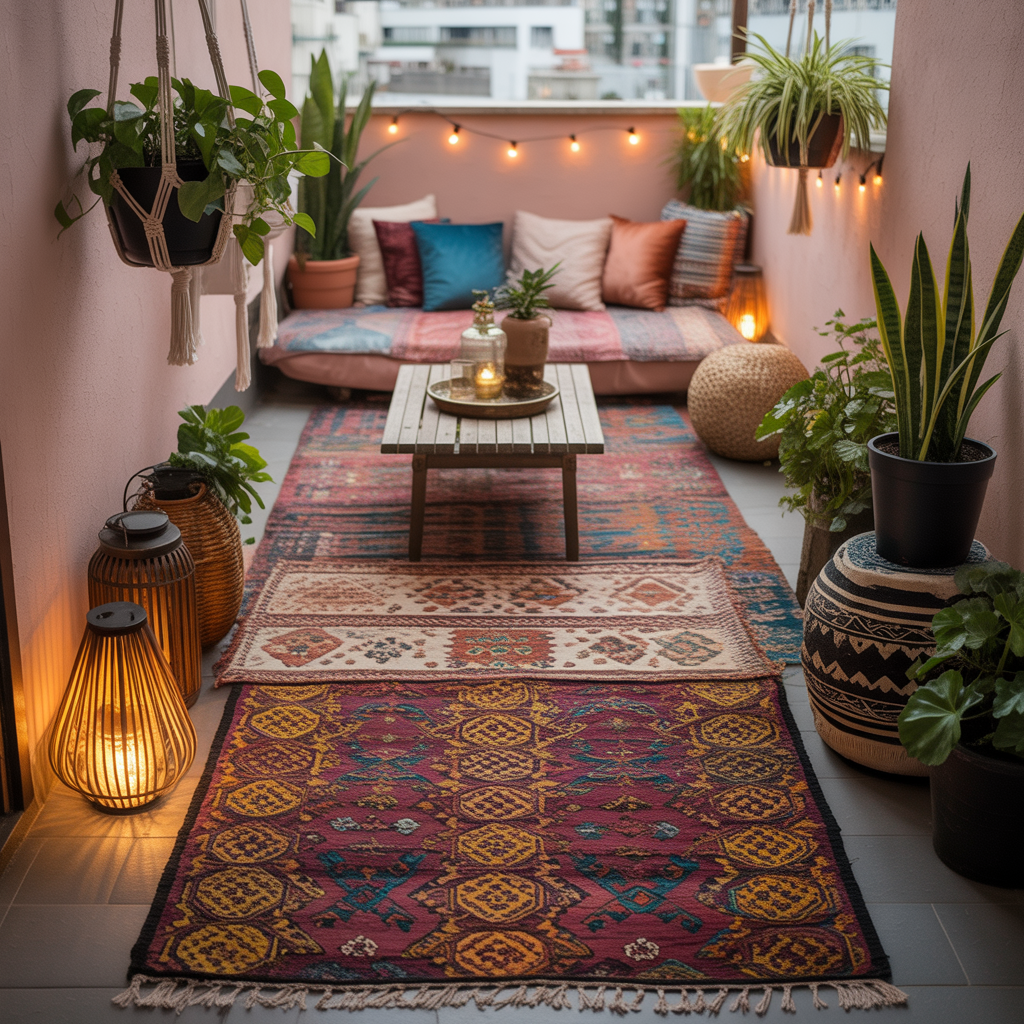 10 Best Boho Balcony Décor Ideas for Small Spaces 3 Boho Balcony Décor Ideas with layered Moroccan and Aztec rugs on a small apartment balcony.