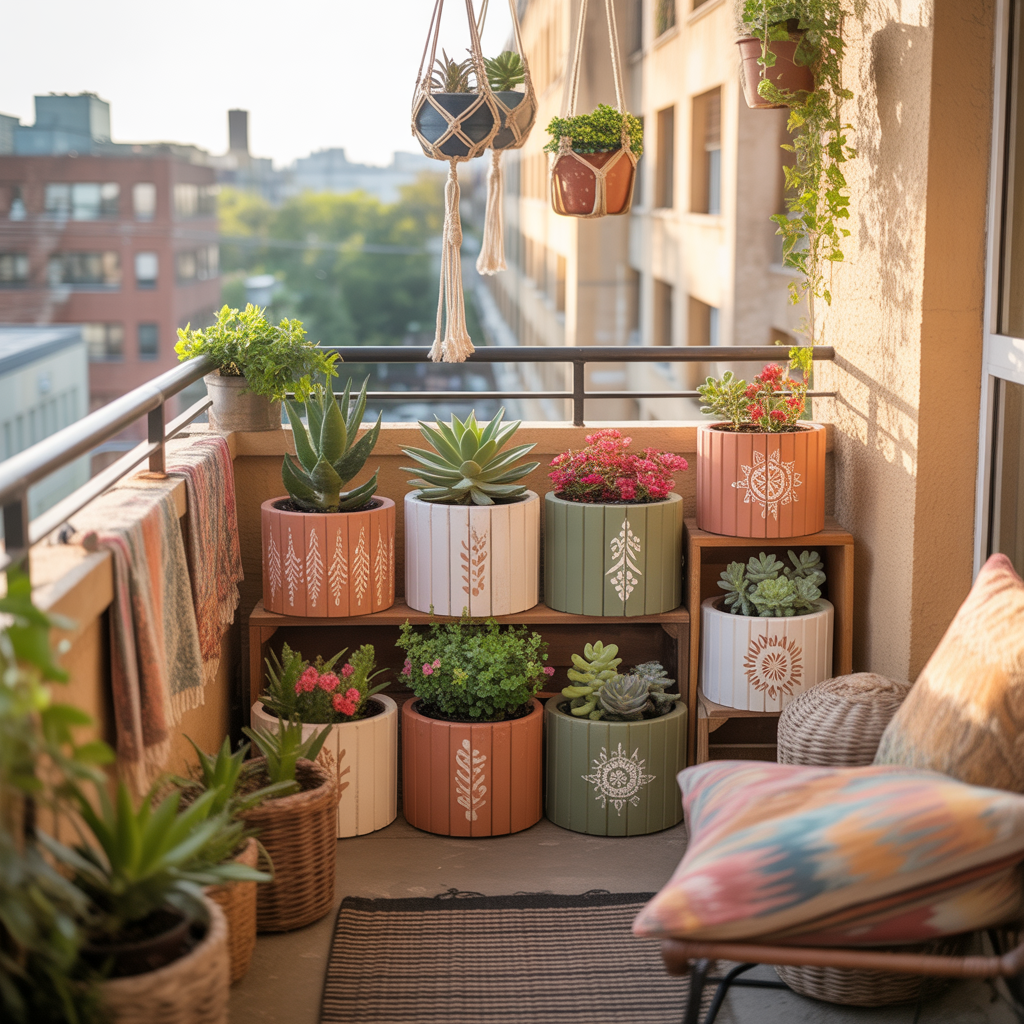 10 Best Boho Balcony Décor Ideas for Small Spaces 11 Boho Balcony Décor Ideas with upcycled painted planter boxes on a small apartment balcony.