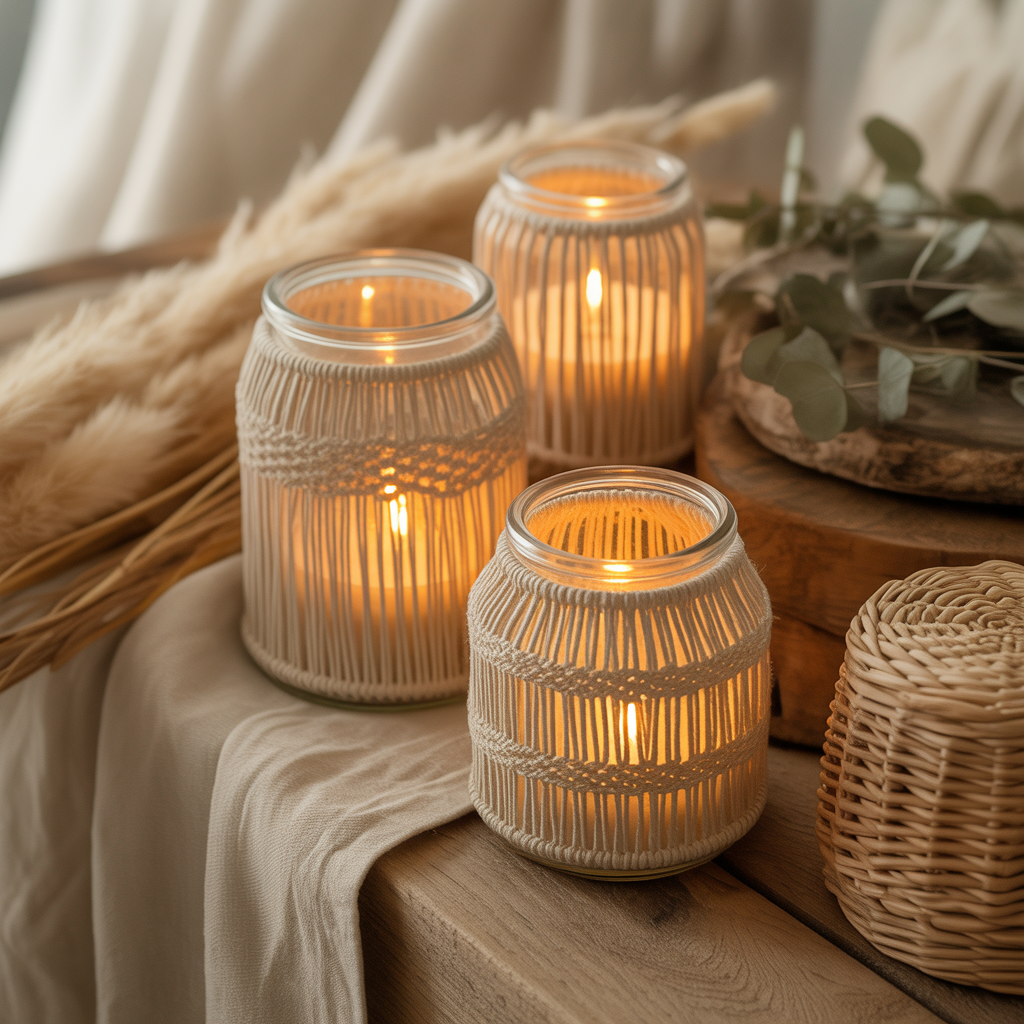 10 Amazing Ways to Make Your Own Boho Candle Holders and Décor 3 Boho Candle Holders with macramé-wrapped glass jars in a cozy setup.
