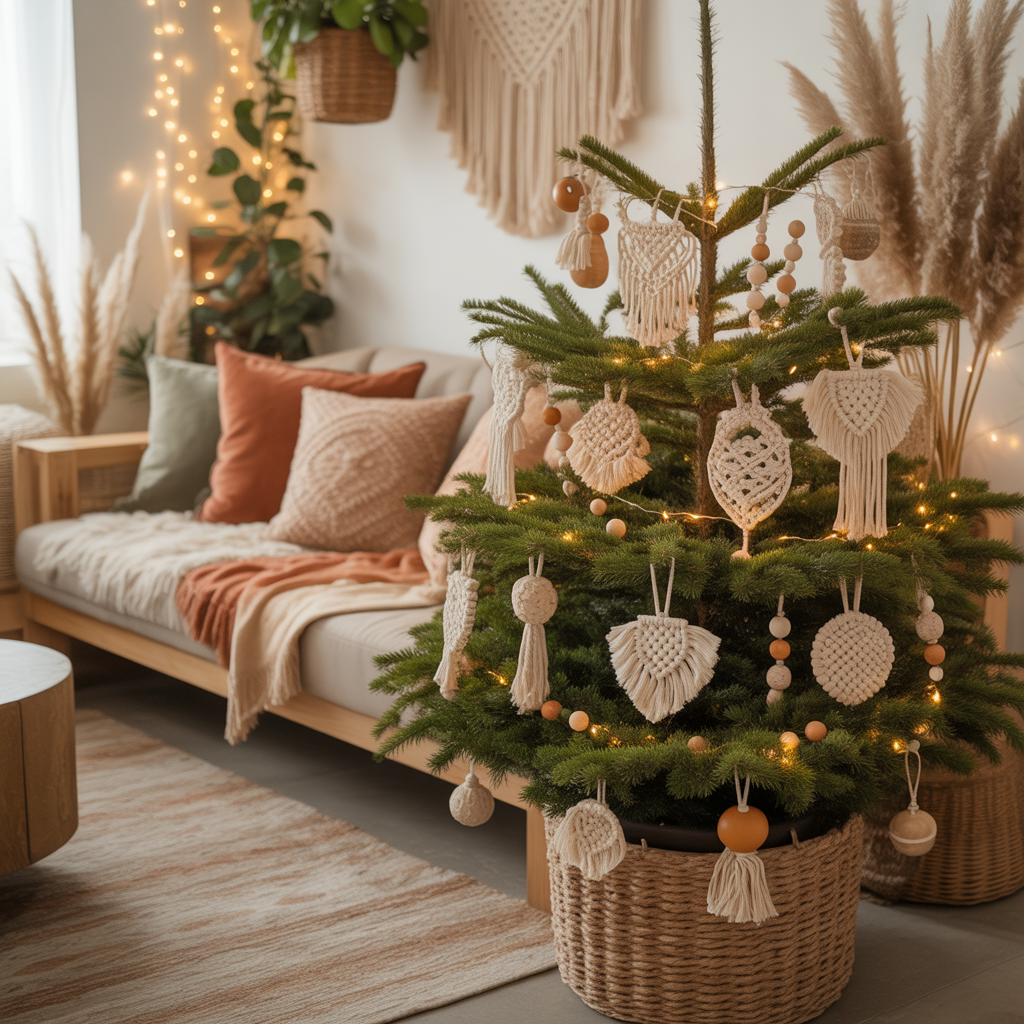 10 Stunning Boho Christmas Décor Ideas for a Whimsical Holiday Look 3 Boho Christmas Décor Ideas with a tree adorned with macramé ornaments and fairy lights.