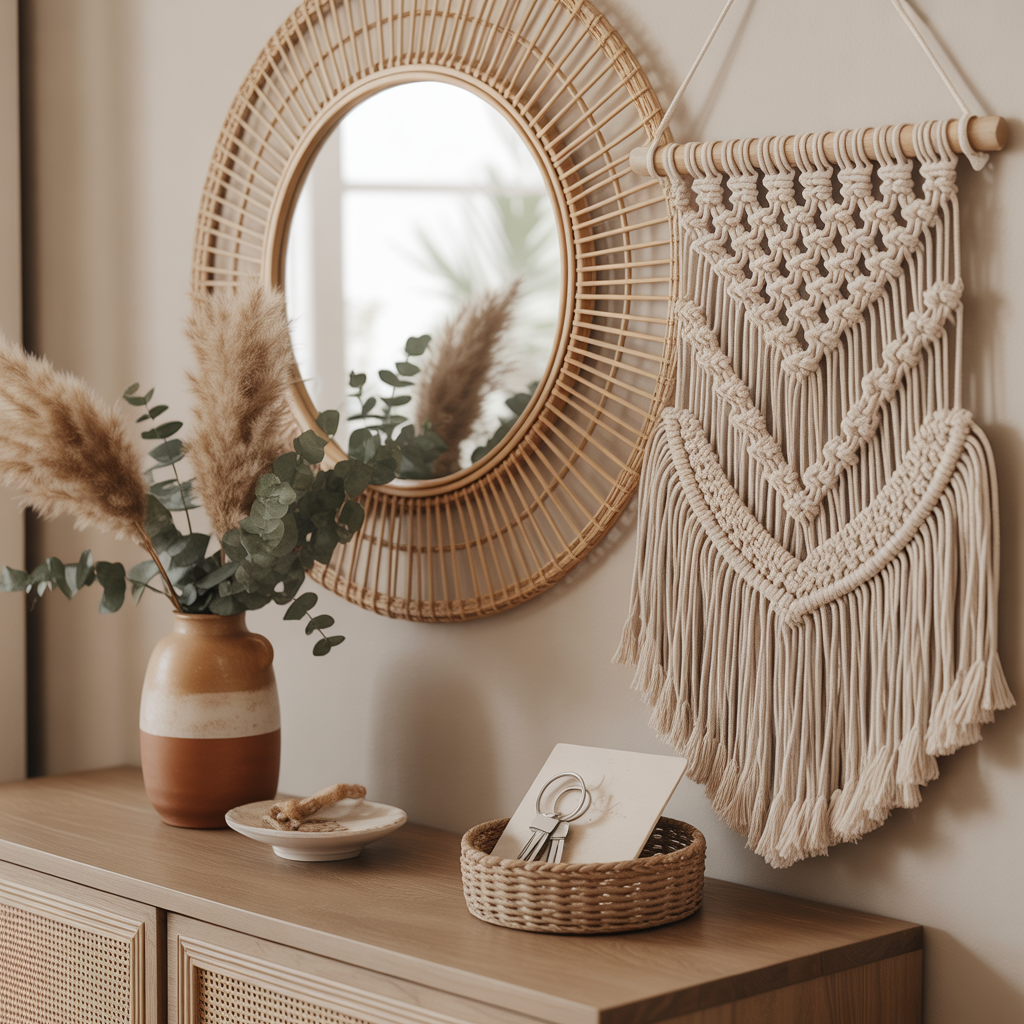 10 Stunning Boho Entryway Ideas for a Warm, Welcoming Home 6 Boho Entryway Ideas featuring a rattan mirror and woven wall hanging for a cozy entryway.