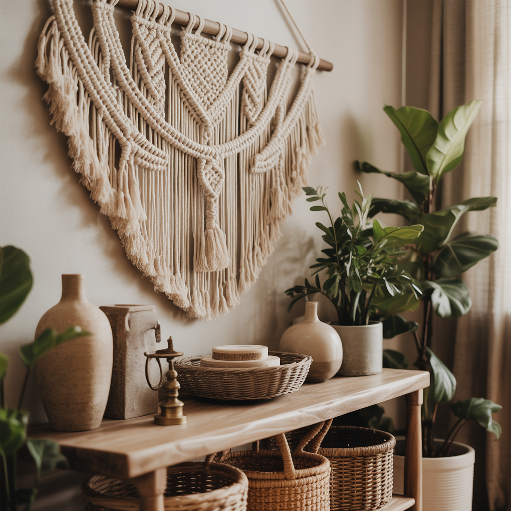 10 Stunning Boho Entryway Ideas for a Warm, Welcoming Home 8 Boho Entryway Ideas with a macramé wall hanging and potted plant for a cozy entryway.