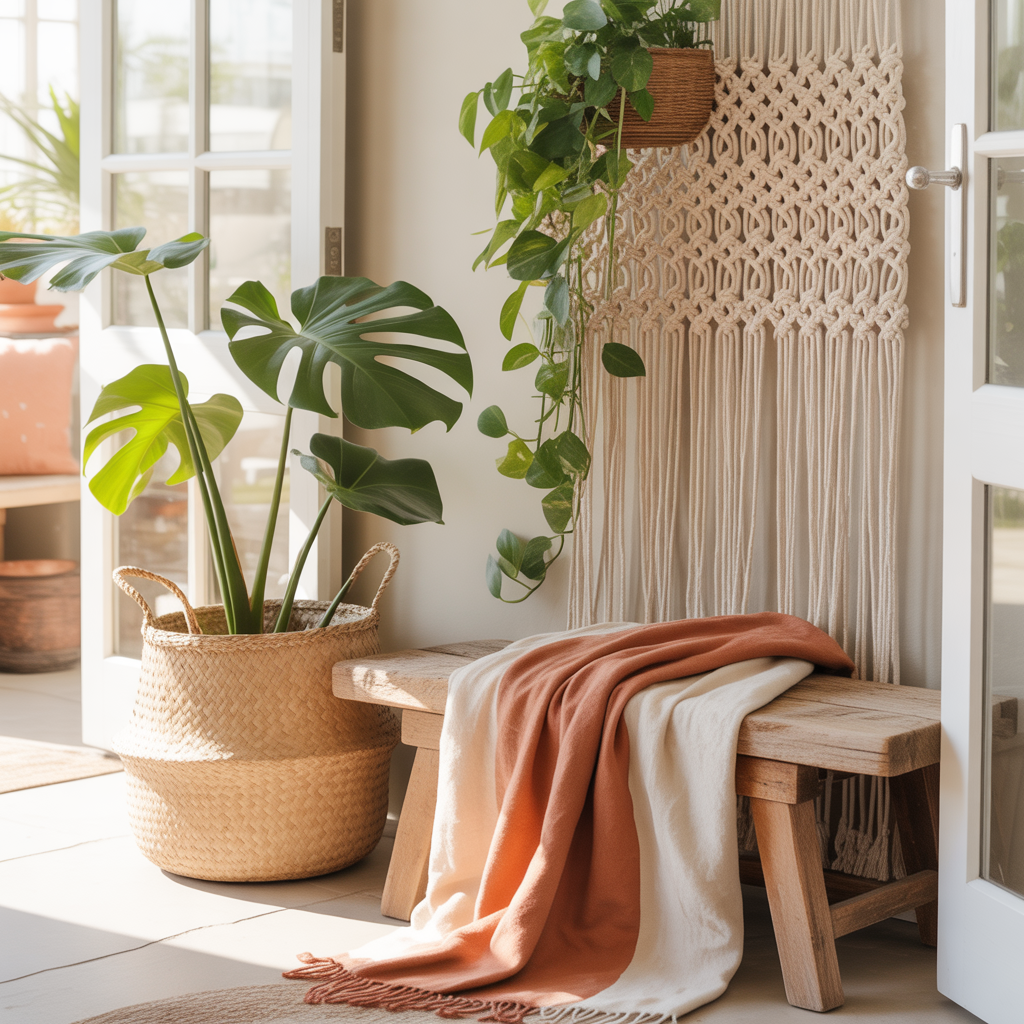 10 Stunning Boho Entryway Ideas for a Warm, Welcoming Home 5 Boho Entryway Ideas with a monstera plant and macramé planter for a natural, cozy entryway.