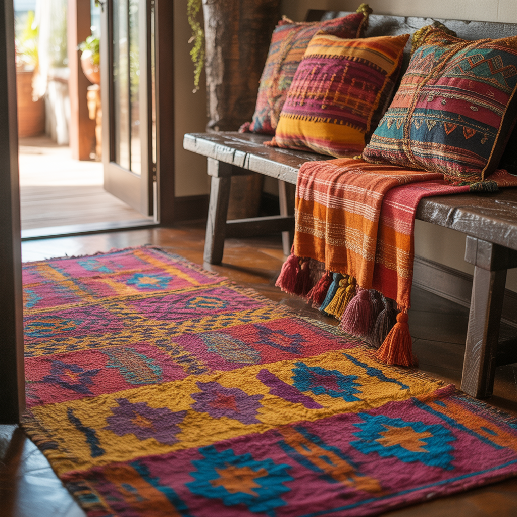 10 Stunning Boho Entryway Ideas for a Warm, Welcoming Home 10 Boho Entryway Ideas with a patterned rug and colorful throw pillows for a cozy entryway.