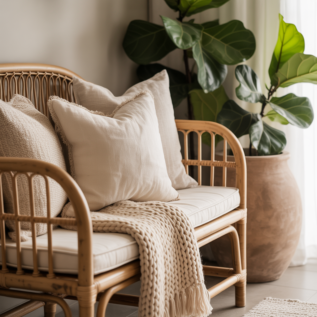 10 Stunning Boho Entryway Ideas for a Warm, Welcoming Home 11 Boho Entryway Ideas with a rattan bench and woven throw for a cozy entryway.