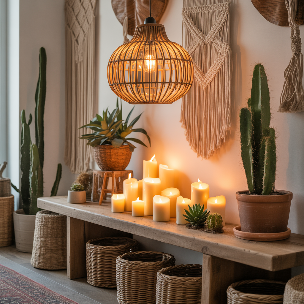 10 Stunning Boho Entryway Ideas for a Warm, Welcoming Home 9 Boho Entryway Ideas with a rattan lantern and candles for a warm, cozy entryway.
