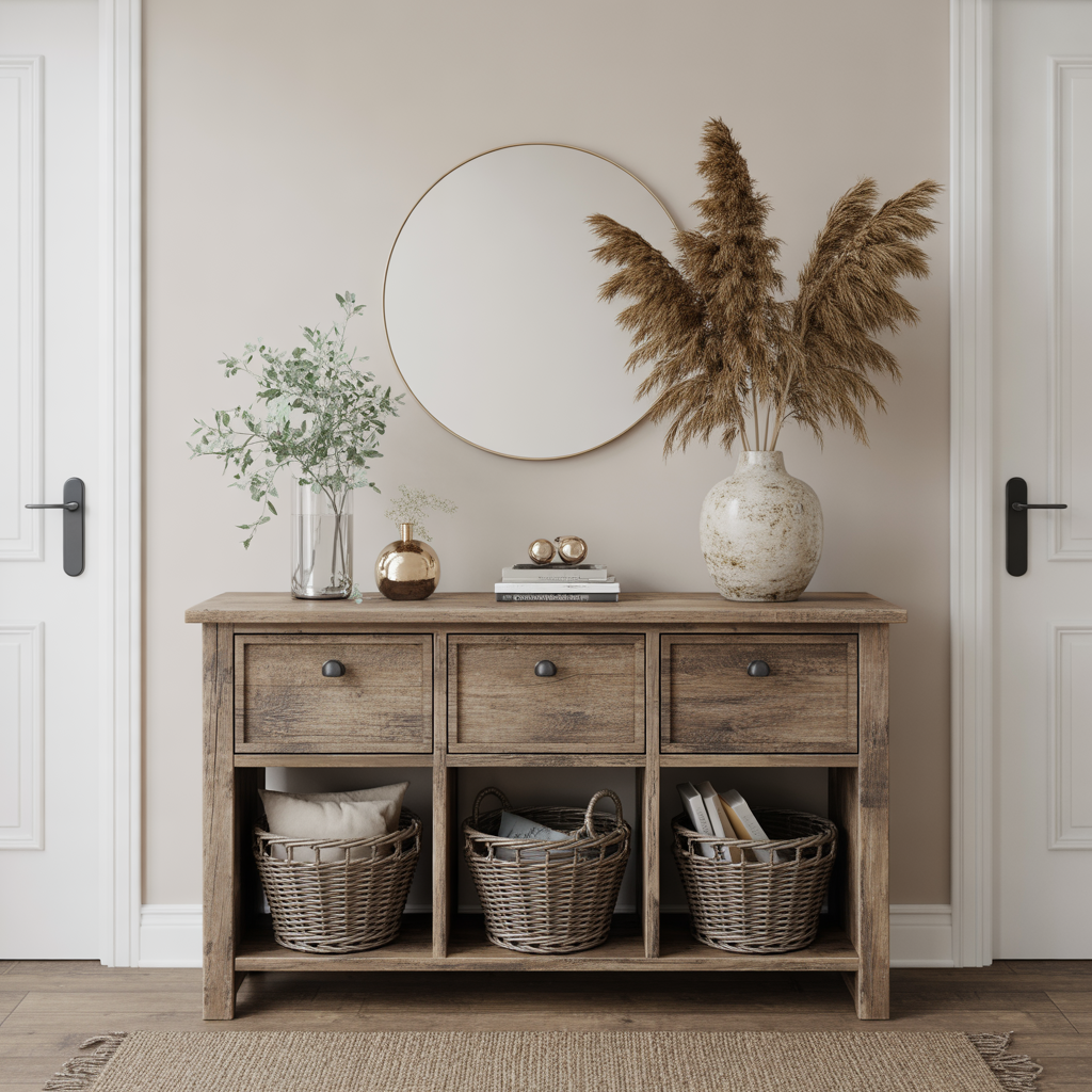 10 Stunning Boho Entryway Ideas for a Warm, Welcoming Home 4 Boho Entryway Ideas with a vintage console table, woven baskets, and pampas grass for a cozy entryway.