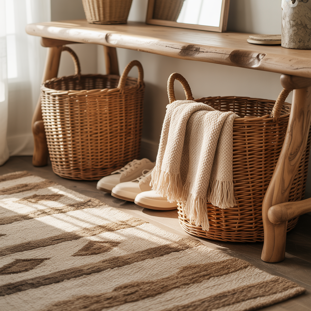 10 Stunning Boho Entryway Ideas for a Warm, Welcoming Home 7 Boho Entryway Ideas with woven baskets for storage, creating a cozy entryway with natural textures.