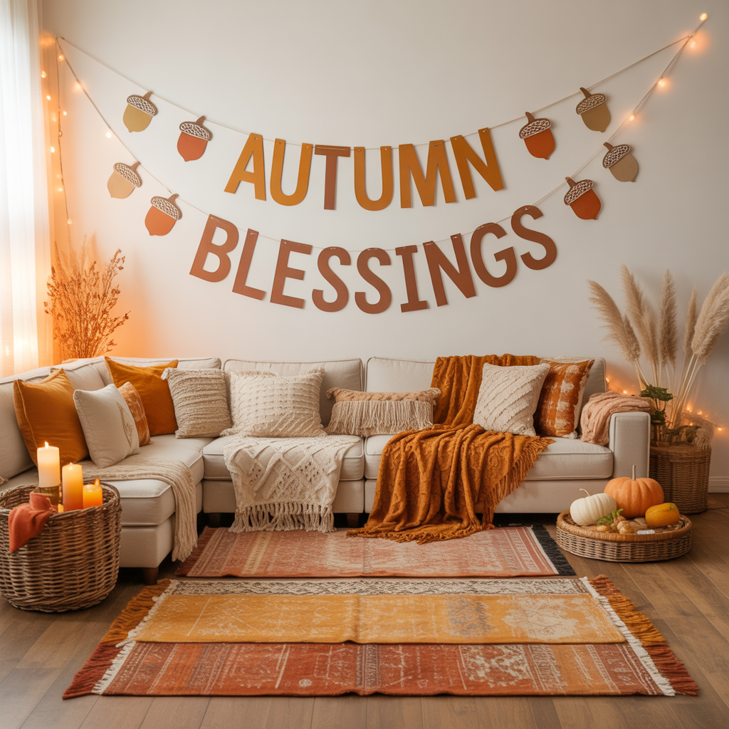 10 Cozy Boho Fall Home Décor Ideas with Free Wall Art Printables 3 Boho Fall Home Décor with layered rugs and printable acorn garland in a cozy living space.